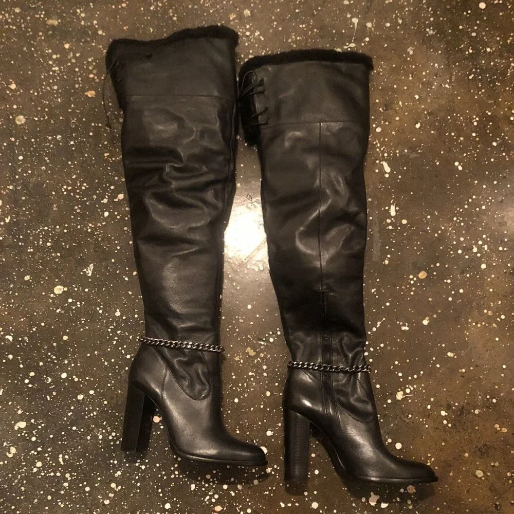 Dundas x Revolve Kate Boots Black Leather Fur Chain